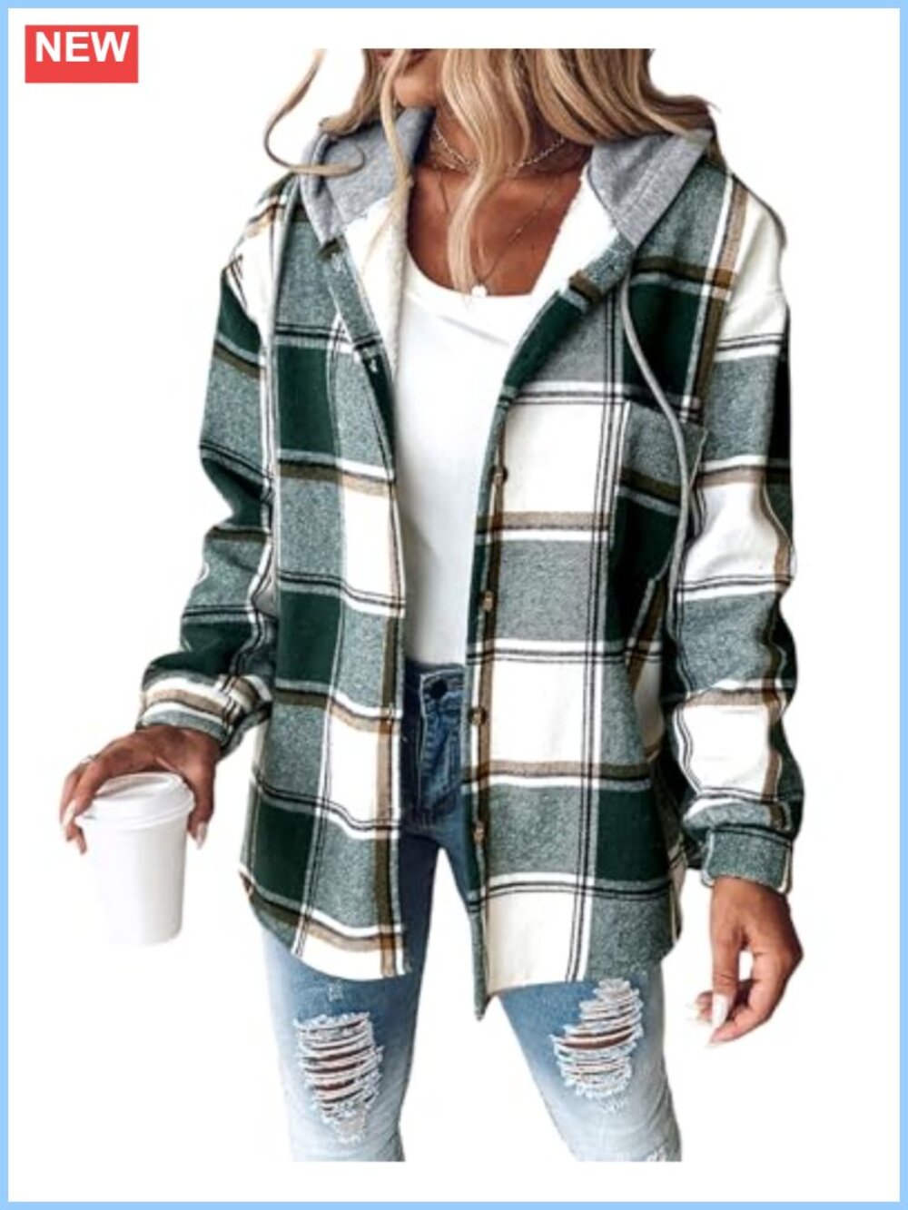 Womens Plaid Fleece Lined Hooded Shacket Button Down Jacket